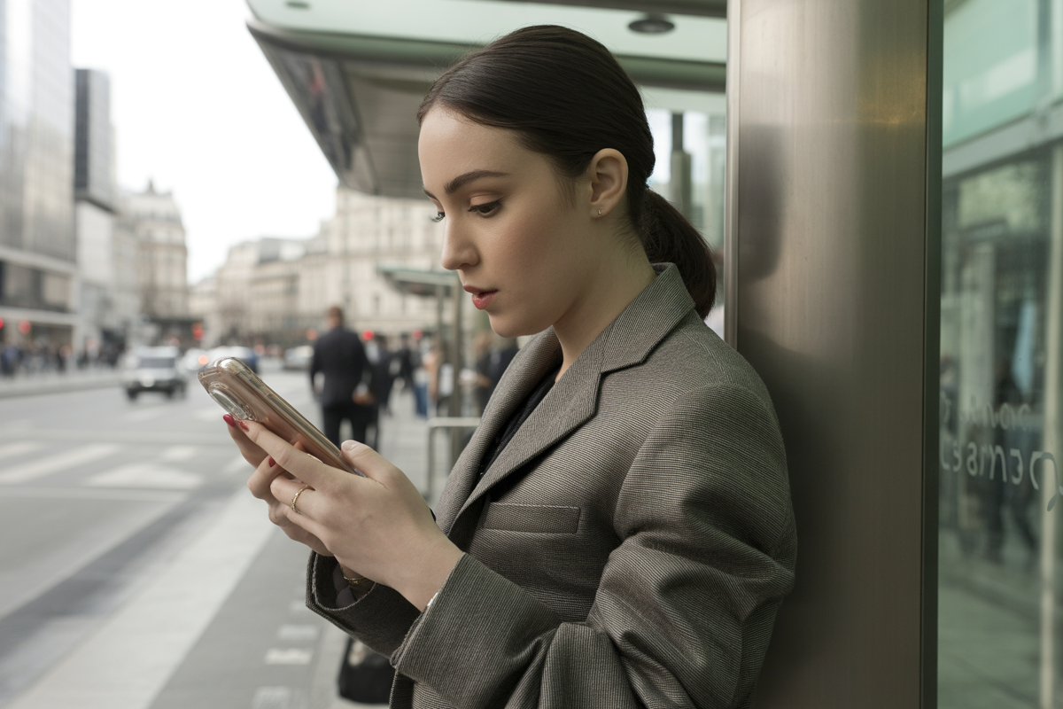 Une femme habillée en costume gris regarde son téléphone, appuyée contre un mur en verre, dans une rue animée.
