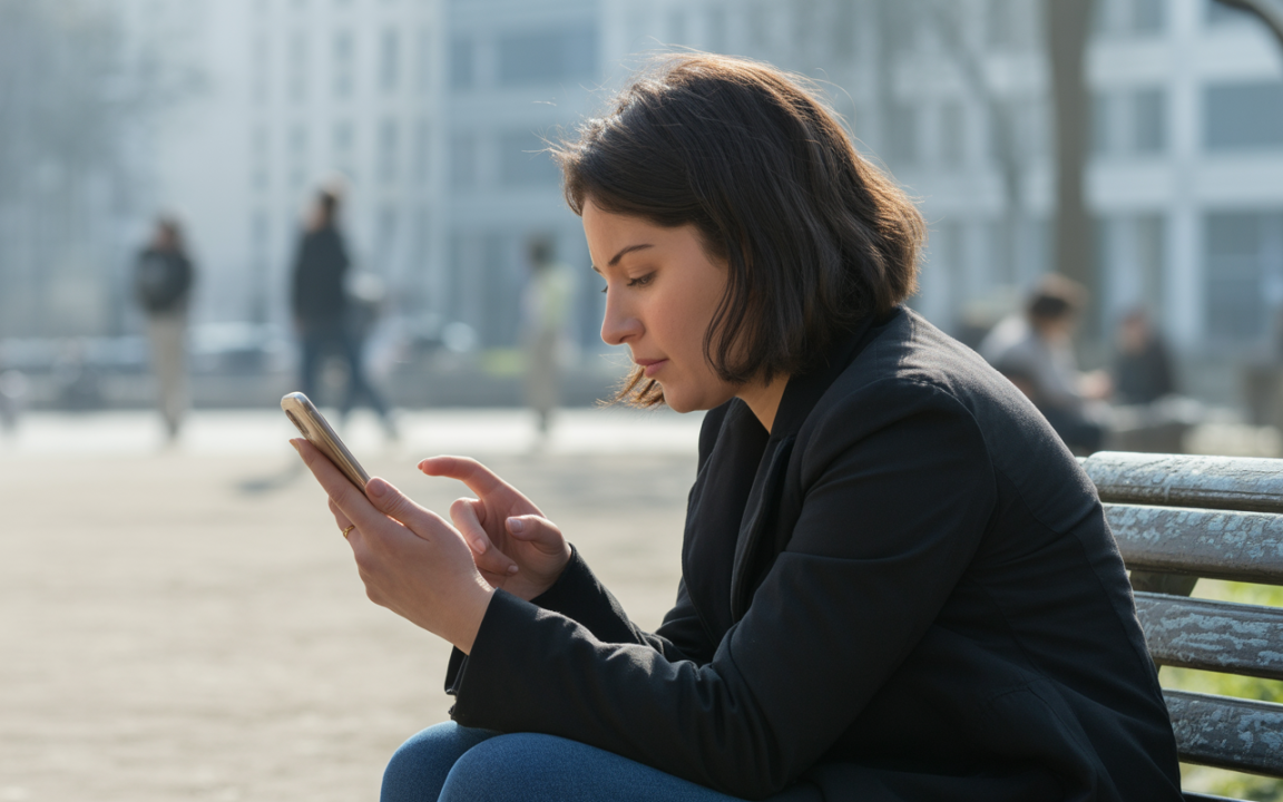 Femme assise sur un banc, regardant son téléphone dans un parc ensoleillé, avec d'autres personnes floues en arrière-plan.