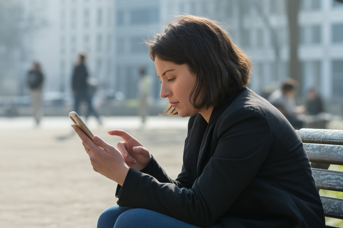 Femme assise sur un banc, regardant son téléphone dans un parc ensoleillé, avec d'autres personnes floues en arrière-plan.
