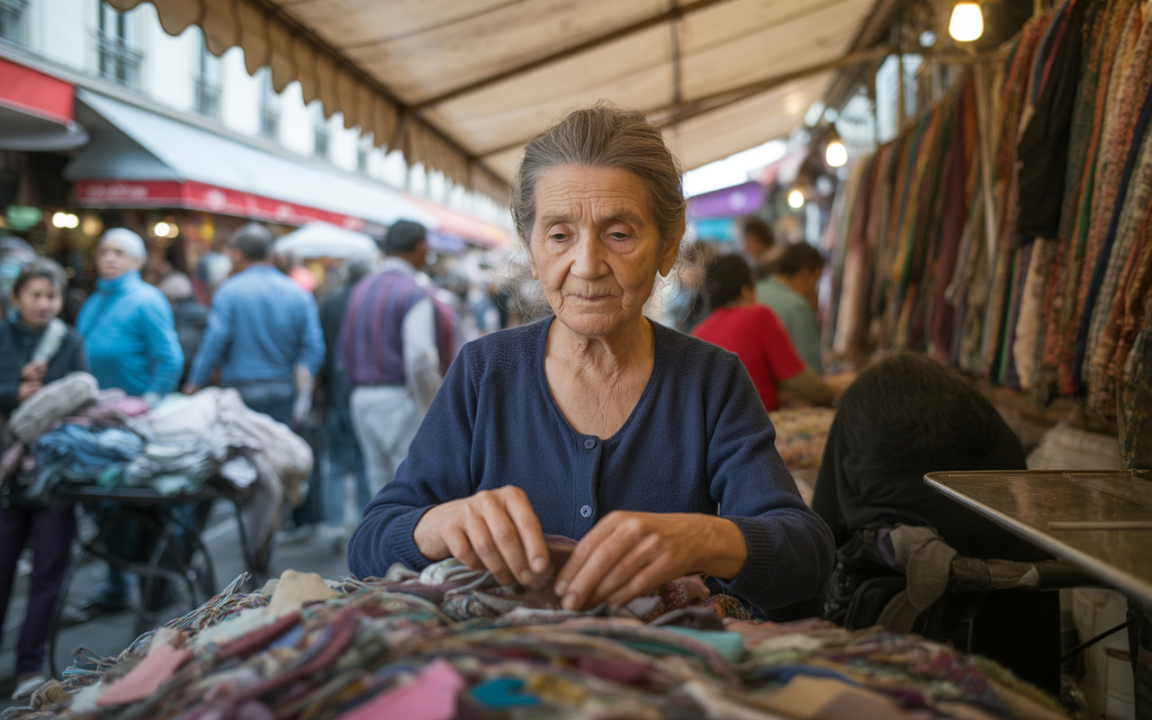 Femme âgée, concentrée, devant un étal de tissus colorés dans un marché animé, avec des passants en arrière-plan.