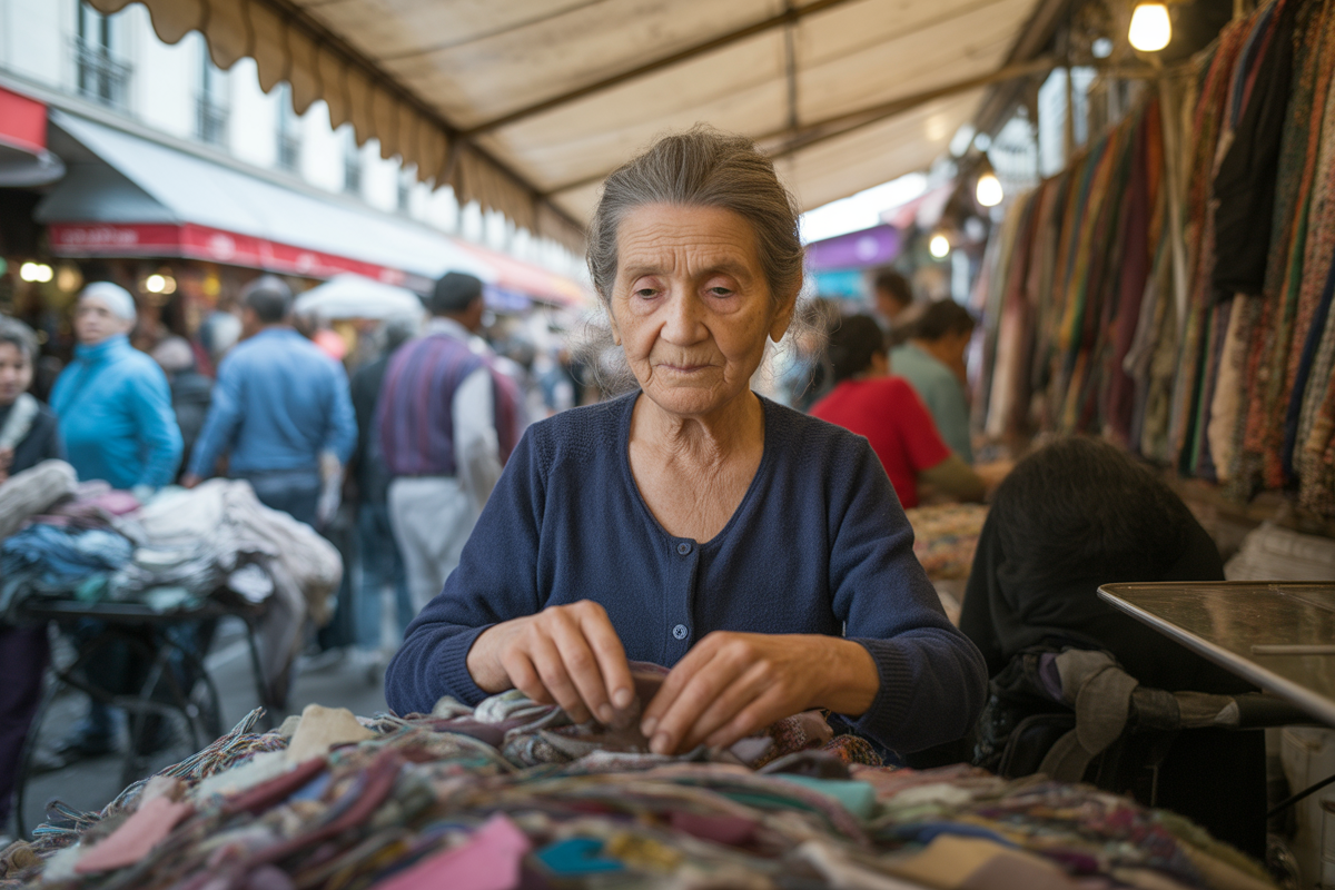 Femme âgée, concentrée, devant un étal de tissus colorés dans un marché animé, avec des passants en arrière-plan.