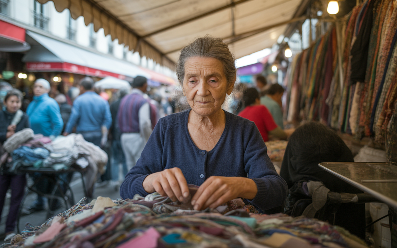 Femme âgée, concentrée, devant un étal de tissus colorés dans un marché animé, avec des passants en arrière-plan.
