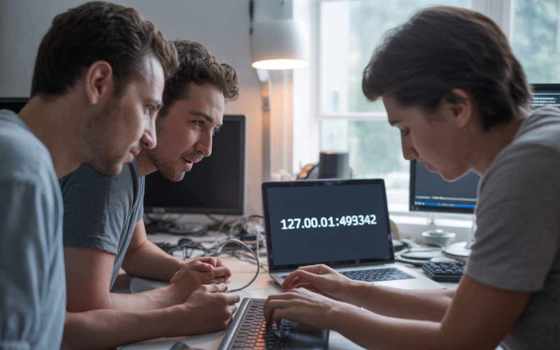 Trois personnes collaborent sur un projet informatique, observant un écran affichant une adresse IP, dans un environnement de bureau moderne.