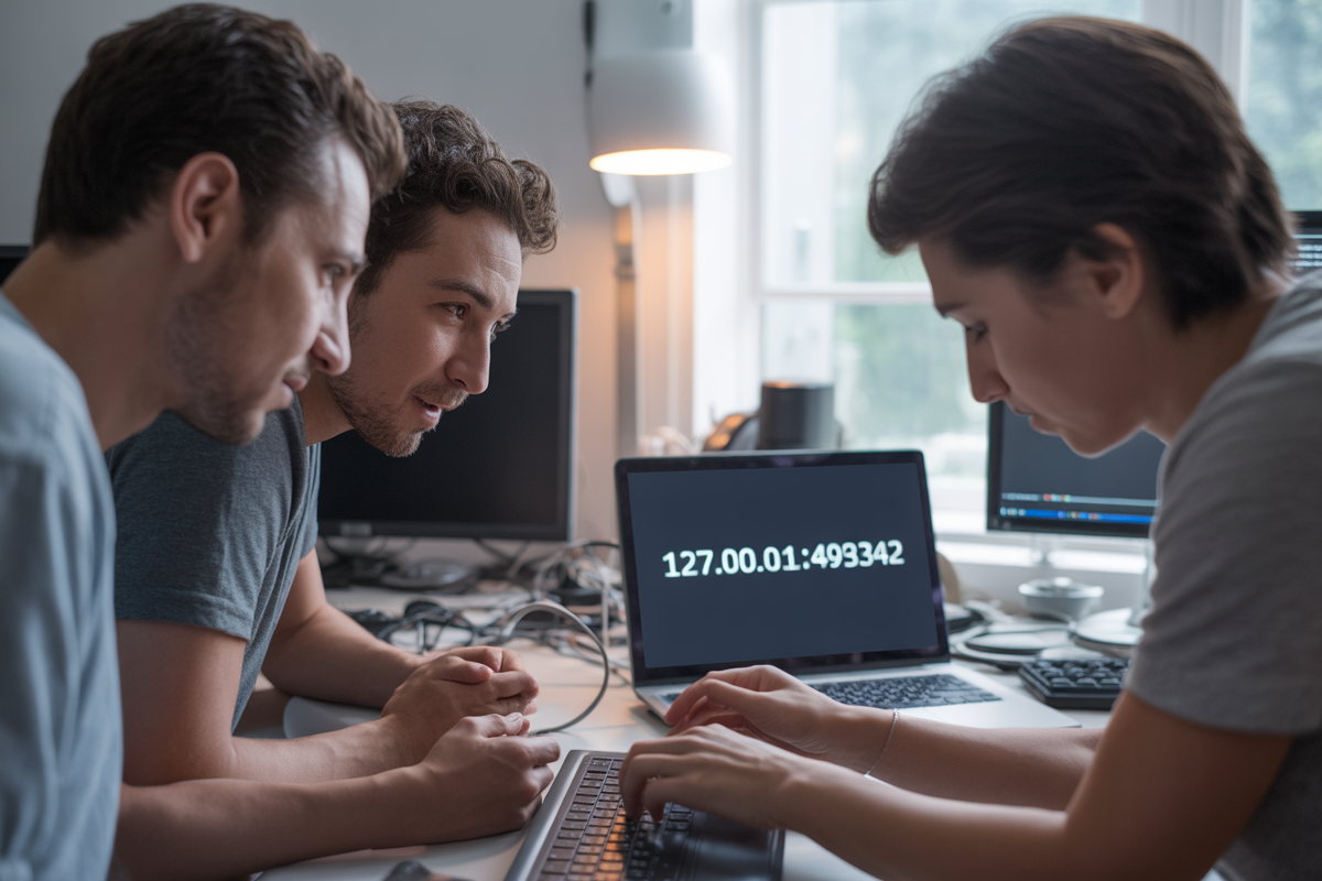 Trois personnes collaborent sur un projet informatique, observant un écran affichant une adresse IP, dans un environnement de bureau moderne.