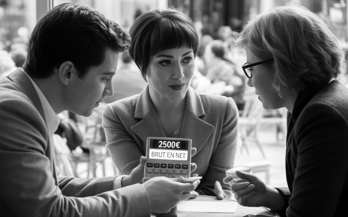 Trois personnes discutent autour d'une table, regardant un calculateur affichant "2500€ BRUT EN NET" dans un café.