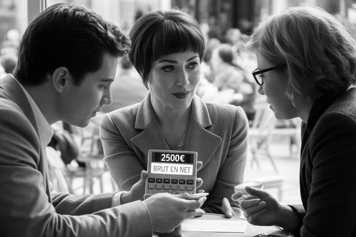 Trois personnes discutent autour d'une table, regardant un calculateur affichant "2500€ BRUT EN NET" dans un café.