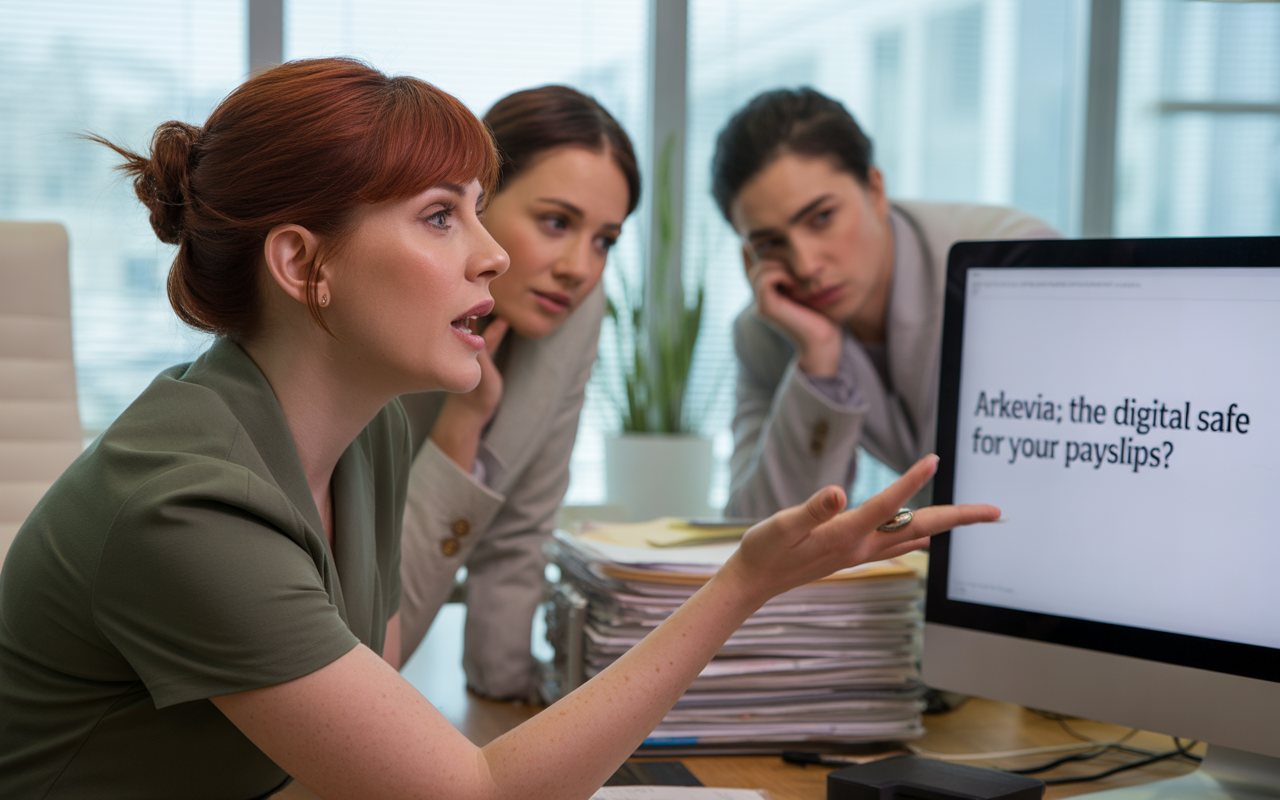 Trois femmes discutent dans un bureau, concentrées sur un écran d'ordinateur affichant une question sur Arkevia, un service numérique.