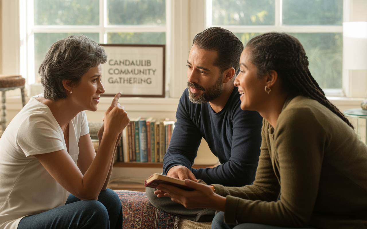 Trois personnes discutent joyeusement dans un salon lumineux, entourées de livres et d'une fenêtre, partageant un moment convivial.