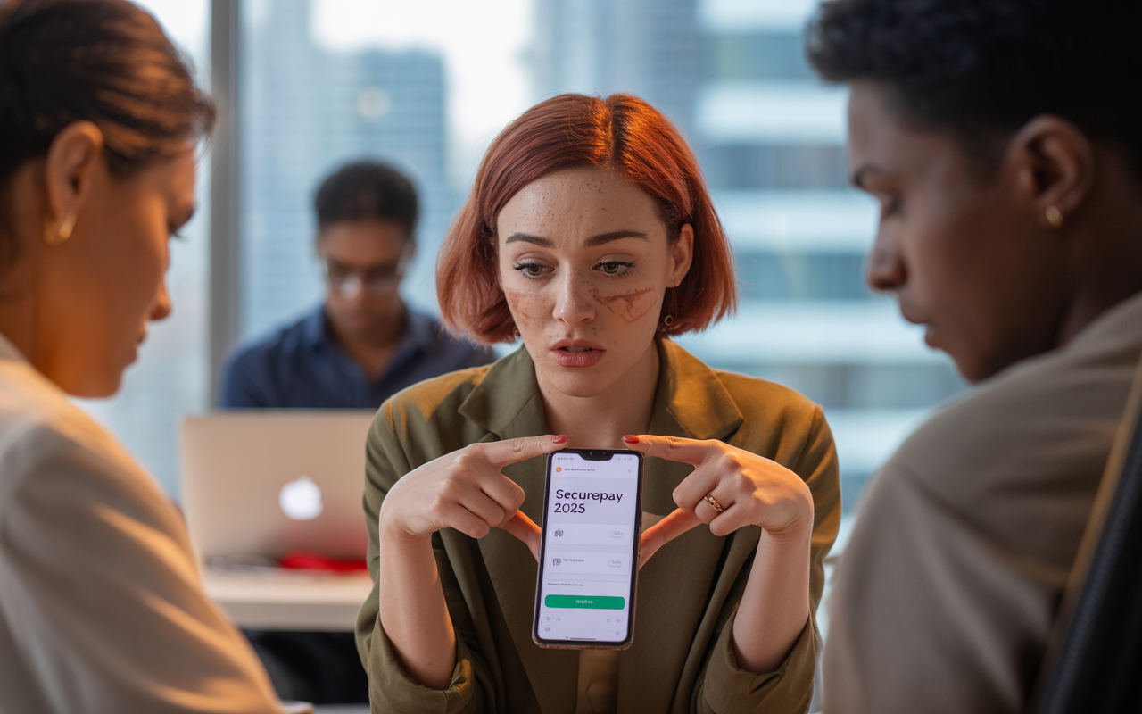 Trois personnes en réunion, une femme montre un smartphone affichant "Securepay 2025" à ses collègues, ambiance sérieuse.