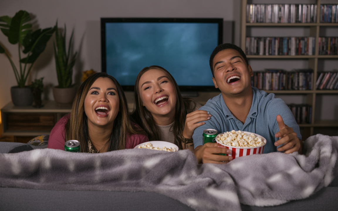 Trois amis rient ensemble devant un écran, entourés de snacks, dans un cadre de salon confortable et chaleureux.