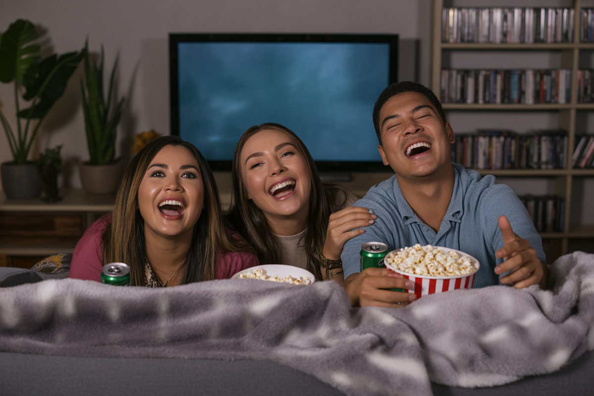 Trois amis rient ensemble devant un écran, entourés de snacks, dans un cadre de salon confortable et chaleureux.