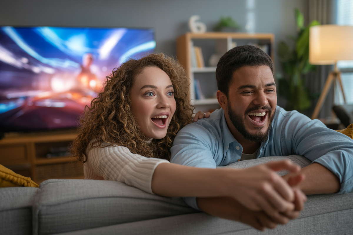 Deux personnes, un homme et une femme, rient ensemble sur un canapé, avec un écran de télévision lumineux en arrière-plan.