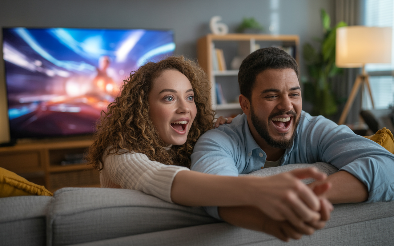 Deux personnes, un homme et une femme, rient ensemble sur un canapé, avec un écran de télévision lumineux en arrière-plan.