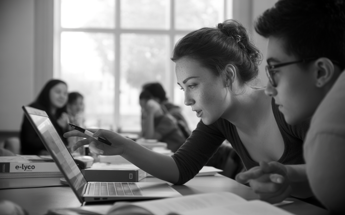 Deux étudiants collaborent sur un ordinateur portable, analysant un écran, dans un environnement d'étude en noir et blanc.