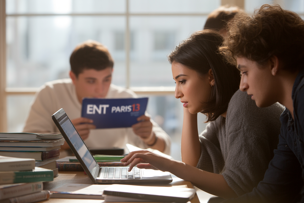 Étudiants concentrés sur un ordinateur portable, entourés de livres, avec un camarade tenant un document "ENT Paris 13".
