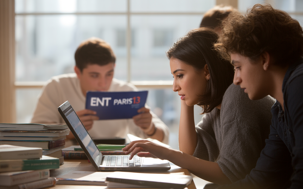 Étudiants concentrés sur un ordinateur portable, entourés de livres, avec un camarade tenant un document "ENT Paris 13".