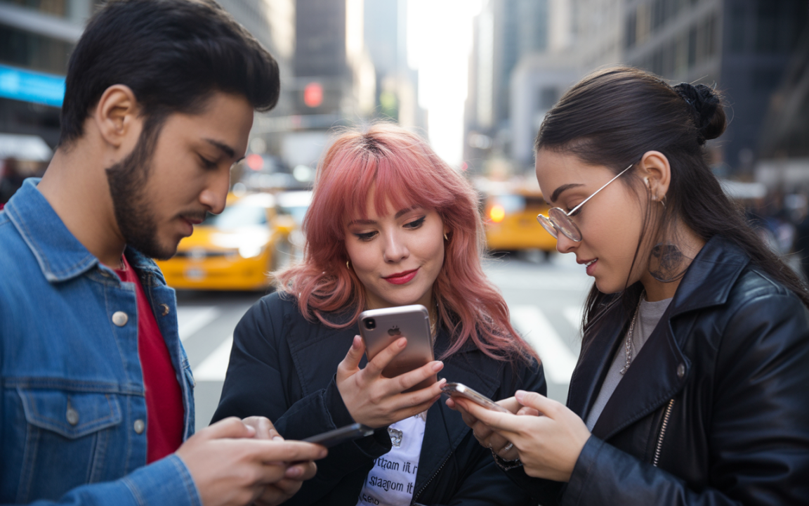 Trois jeunes adultes dans la rue regardent leurs téléphones, avec des taxis en arrière-plan et des bâtiments urbains.