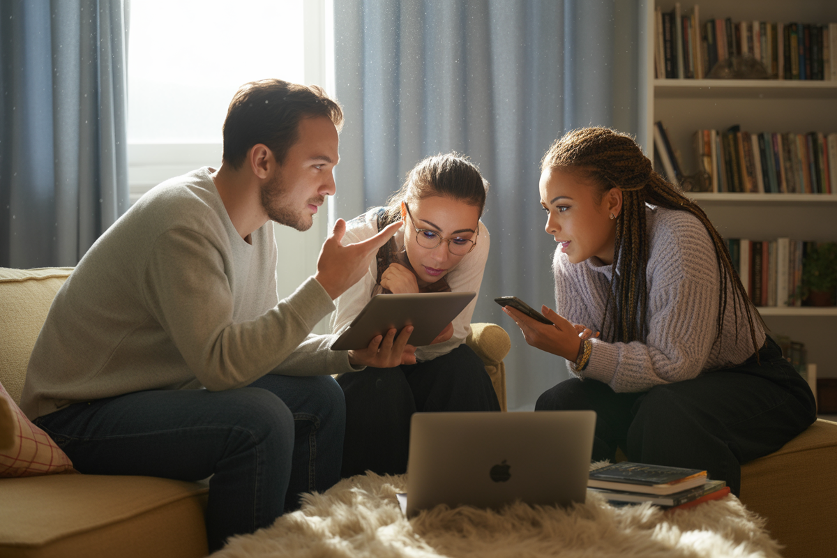 Trois jeunes adultes discutent ensemble sur un canapé, utilisant une tablette et un téléphone, avec des livres en arrière-plan.