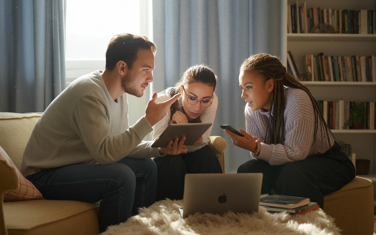 Trois jeunes adultes discutent ensemble sur un canapé, utilisant une tablette et un téléphone, avec des livres en arrière-plan.