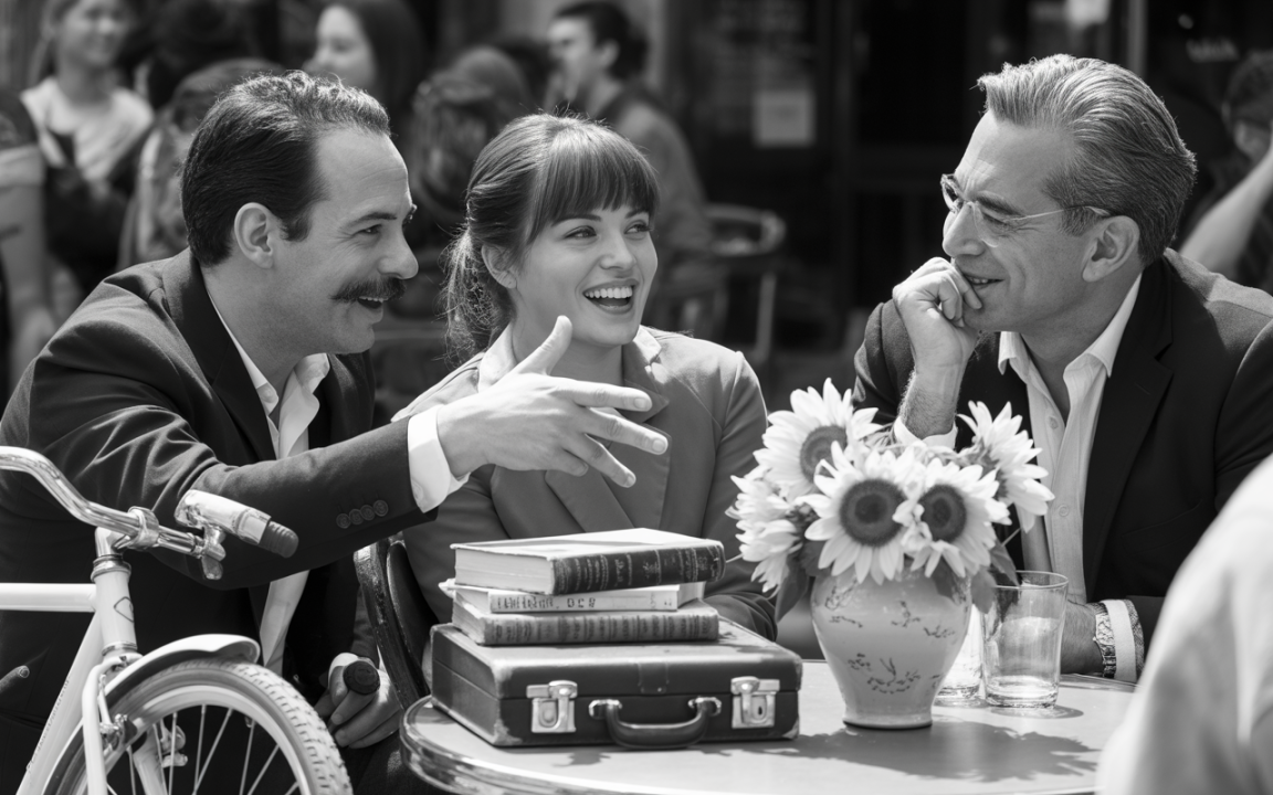 Trois personnes discutent joyeusement autour d'une table en plein air, entourées de livres et de fleurs. Ambiance conviviale et détendue.