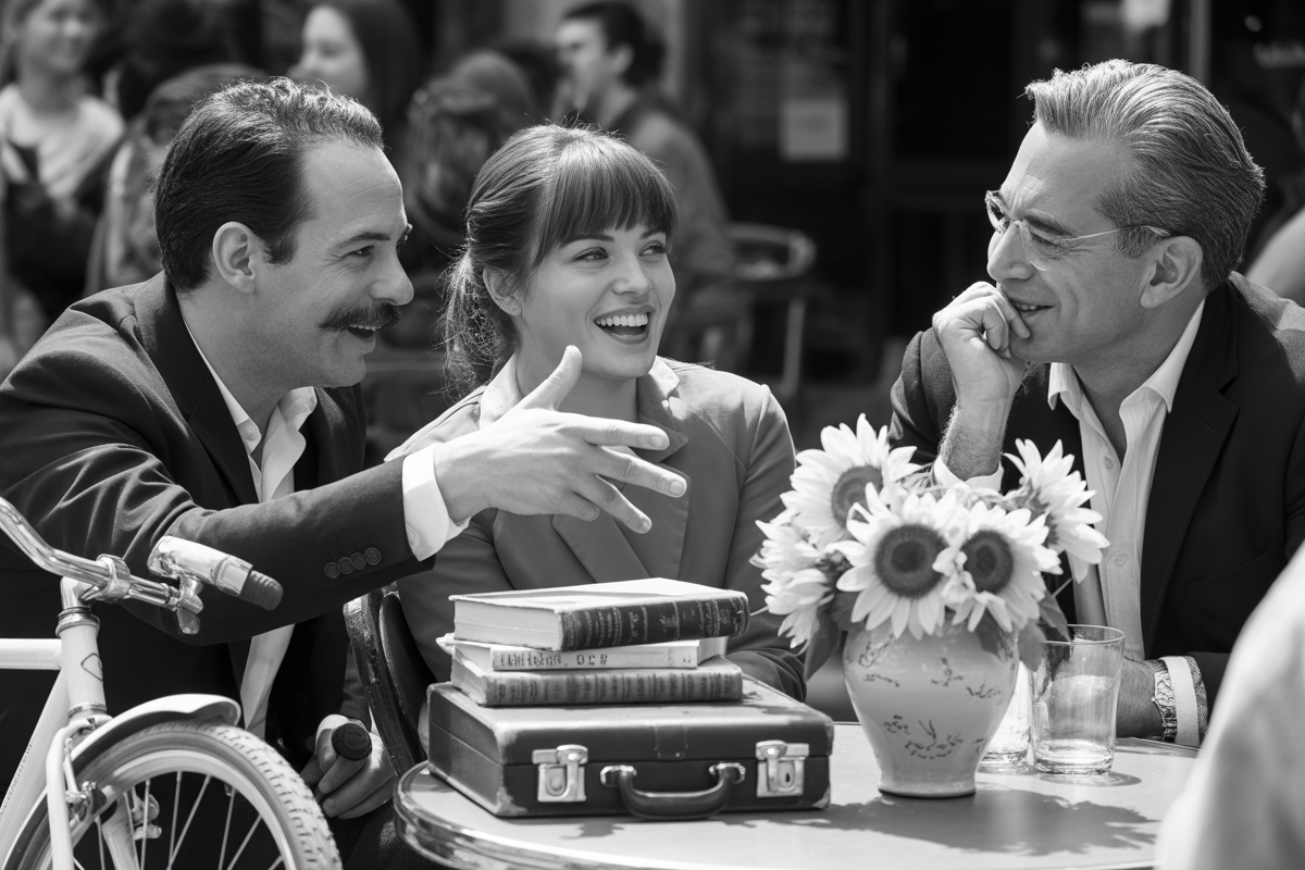 Trois personnes discutent joyeusement autour d'une table en plein air, entourées de livres et de fleurs. Ambiance conviviale et détendue.