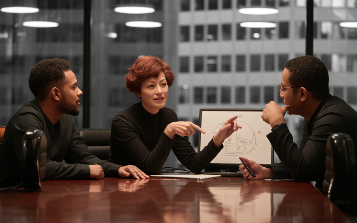 Trois personnes discutent autour d'une table dans un bureau moderne, avec un tableau blanc visible en arrière-plan.