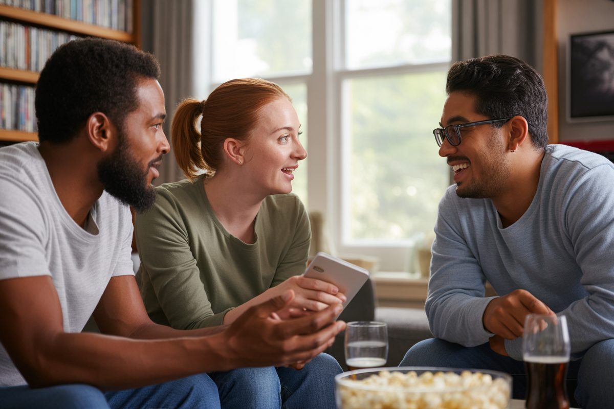 Trois amis échanges souriants autour d'un téléphone, avec des verres et un bol de pop-corn sur une table.