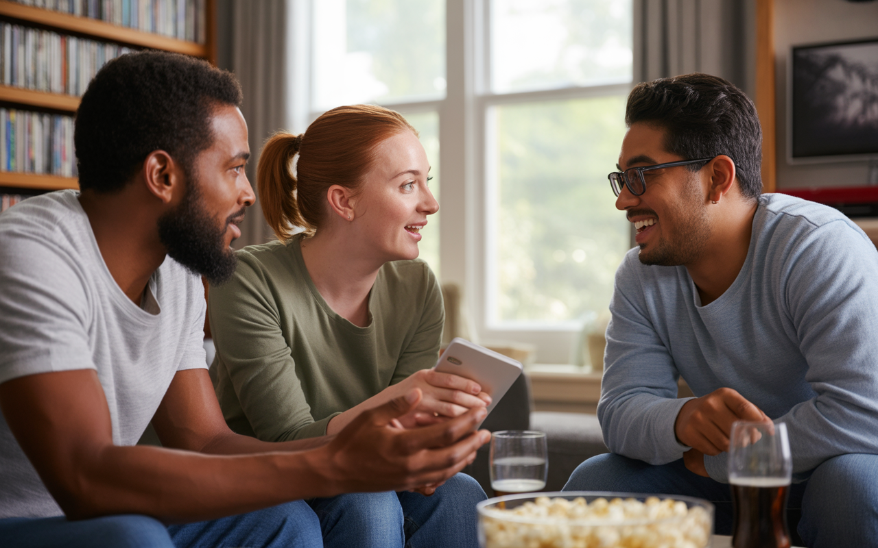 Trois amis échanges souriants autour d'un téléphone, avec des verres et un bol de pop-corn sur une table.