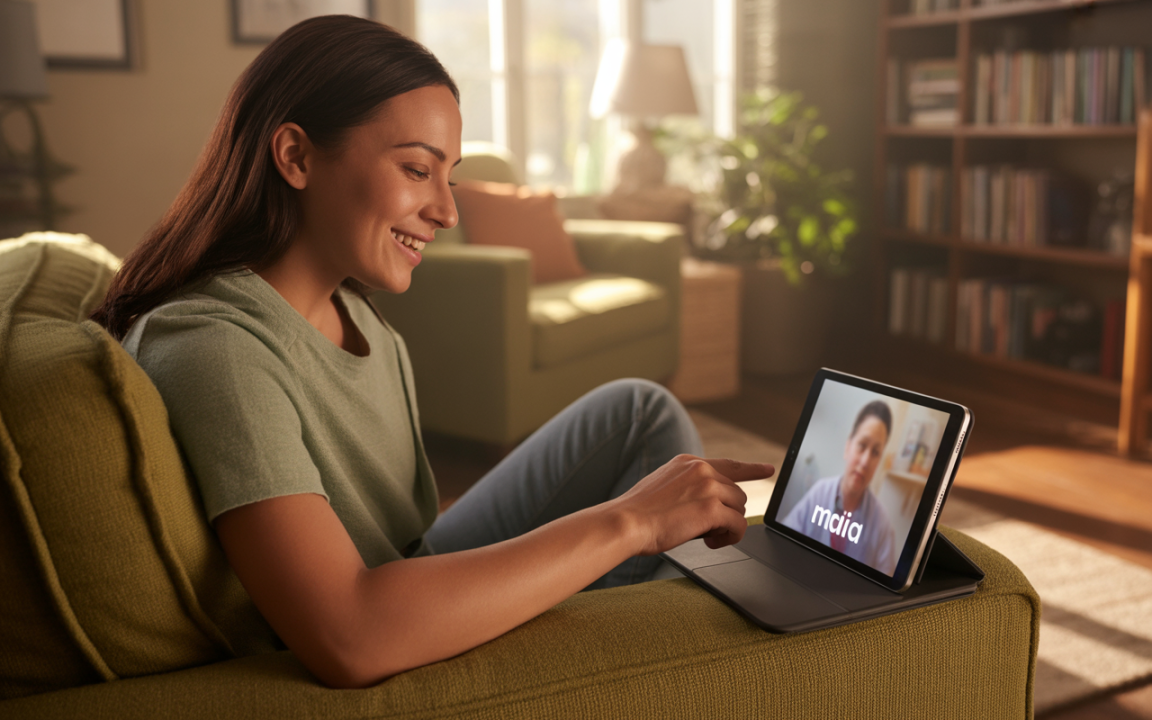 Une femme souriante interagit avec une tablette affichant un appel vidéo, assise sur un canapé dans un salon lumineux.