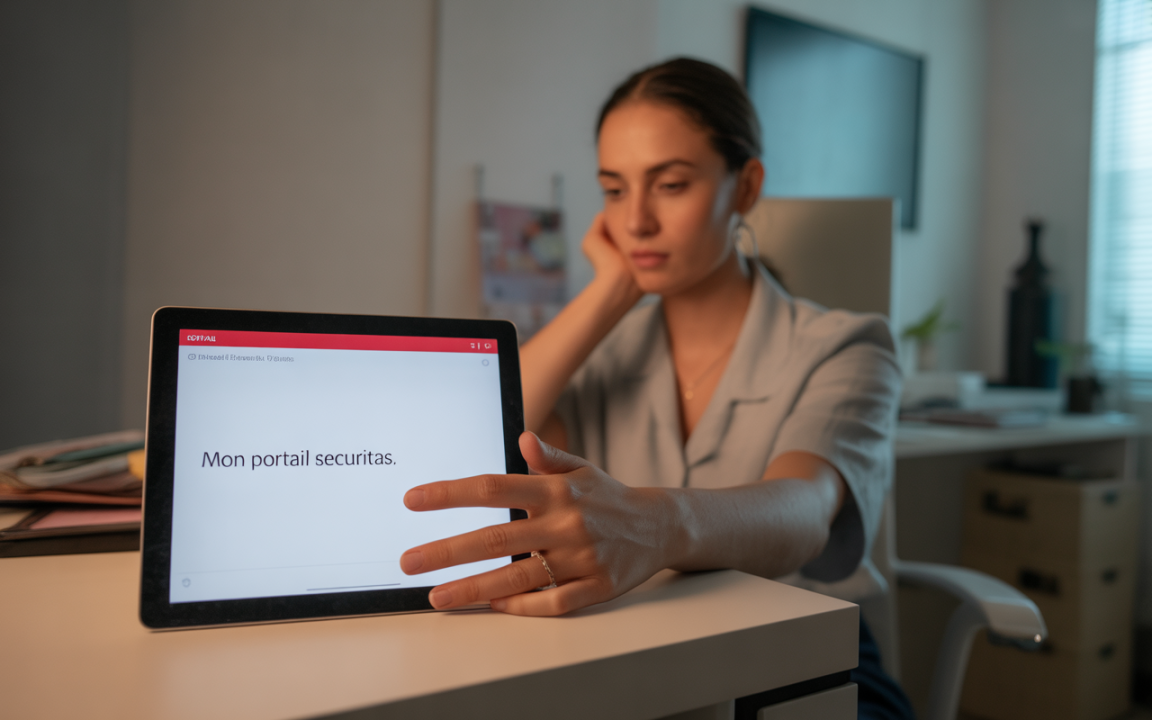 Femme concentrée devant une tablette affichant "Mon portail securitas" dans un bureau, ambiance professionnelle et moderne.
