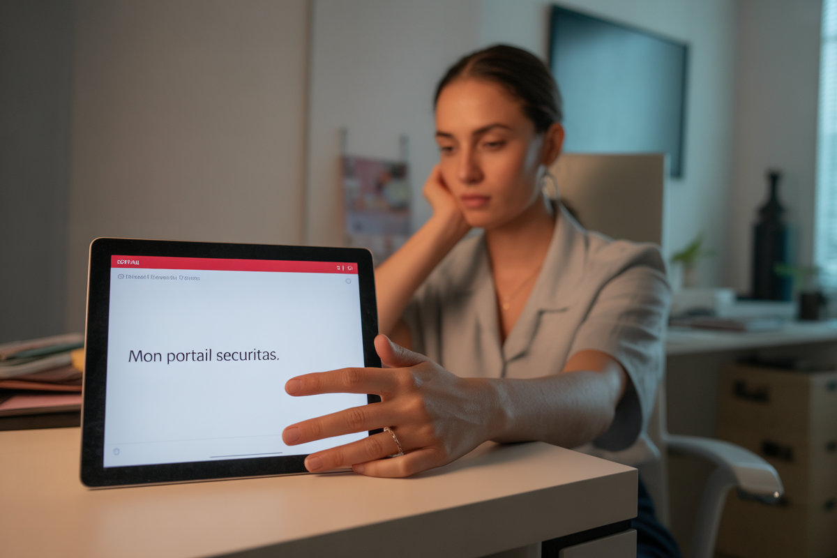 Femme concentrée devant une tablette affichant "Mon portail securitas" dans un bureau, ambiance professionnelle et moderne.