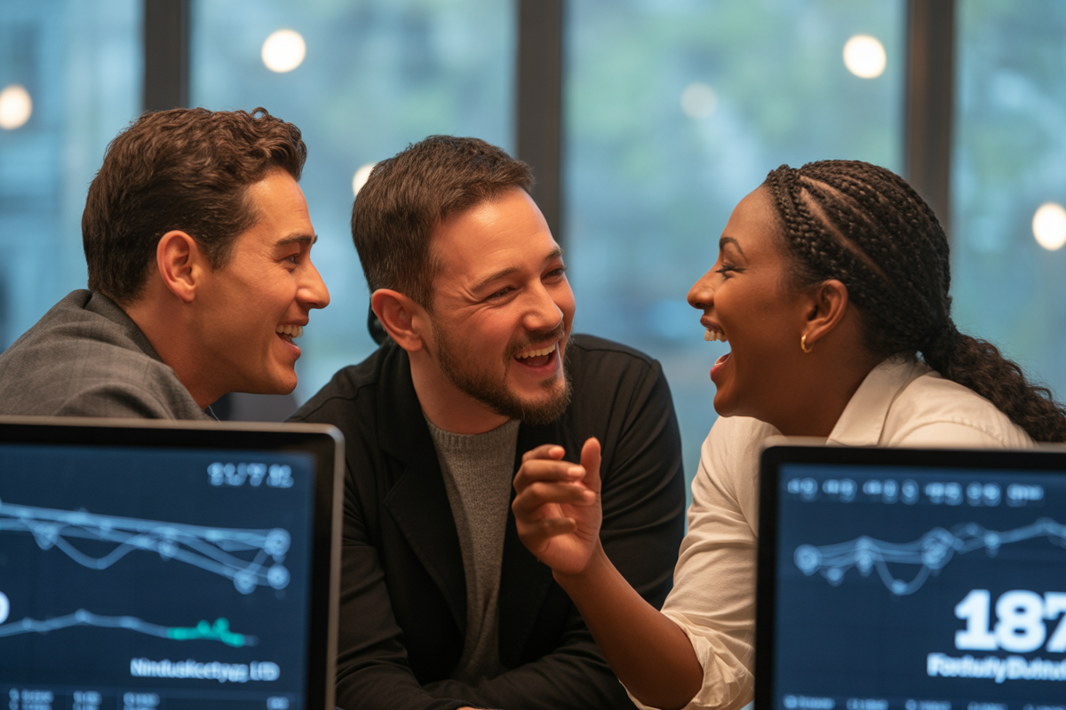 Trois personnes souriantes discutent joyeusement autour d'un bureau, avec des écrans affichant des graphiques financiers en arrière-plan.