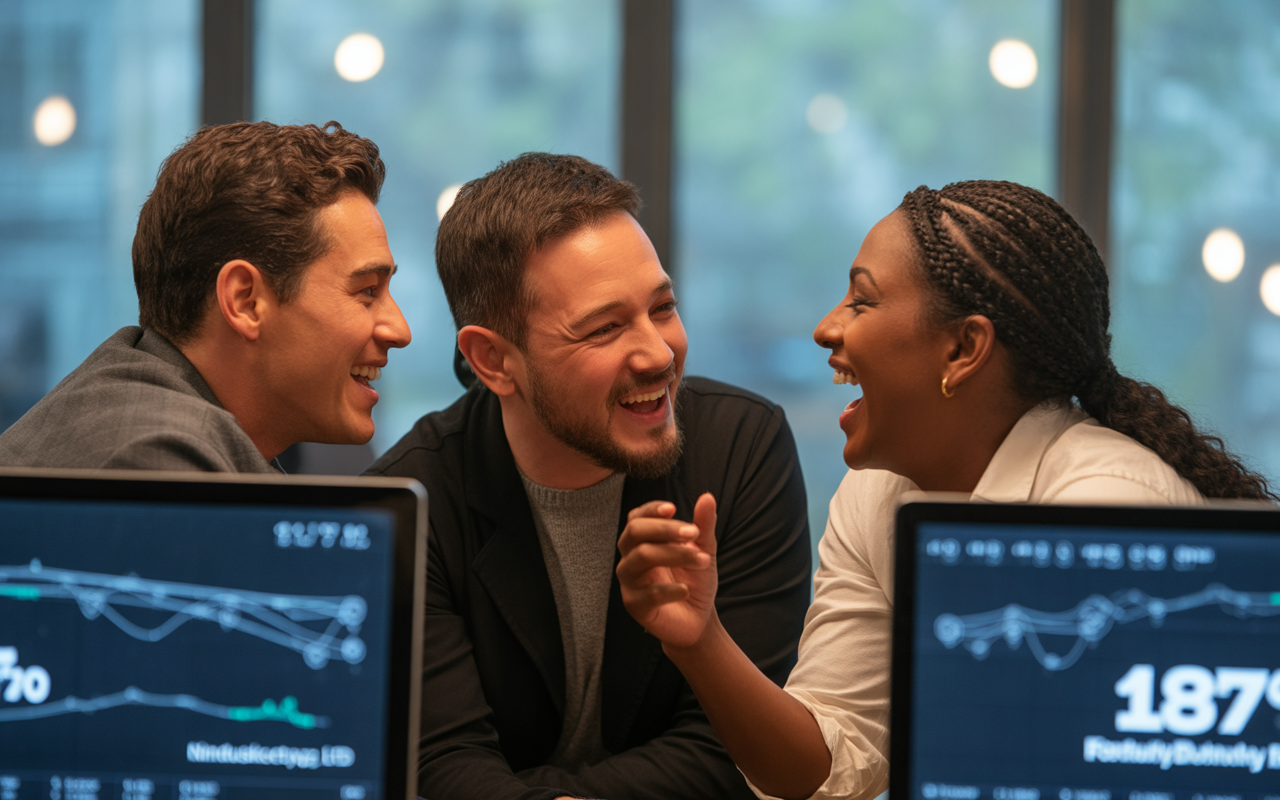 Trois personnes souriantes discutent joyeusement autour d'un bureau, avec des écrans affichant des graphiques financiers en arrière-plan.