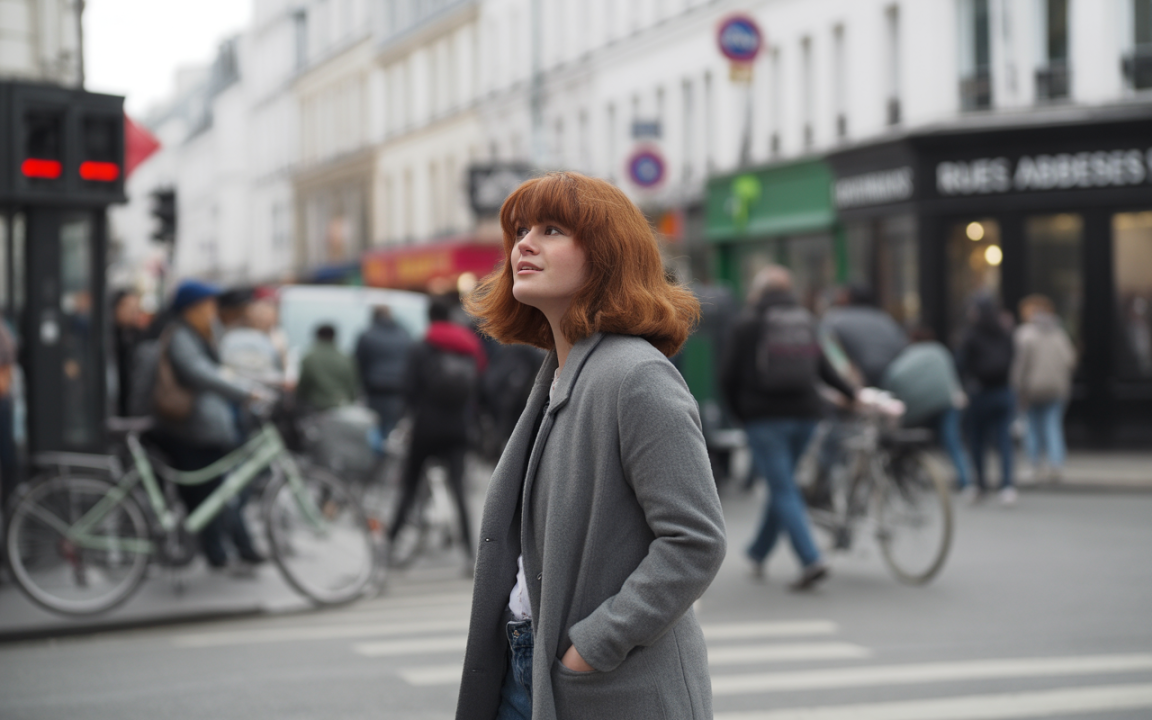 Une femme aux cheveux roux, vêtue d'un manteau gris, regarde le ciel dans une rue animée, entourée de passants et de vélos.