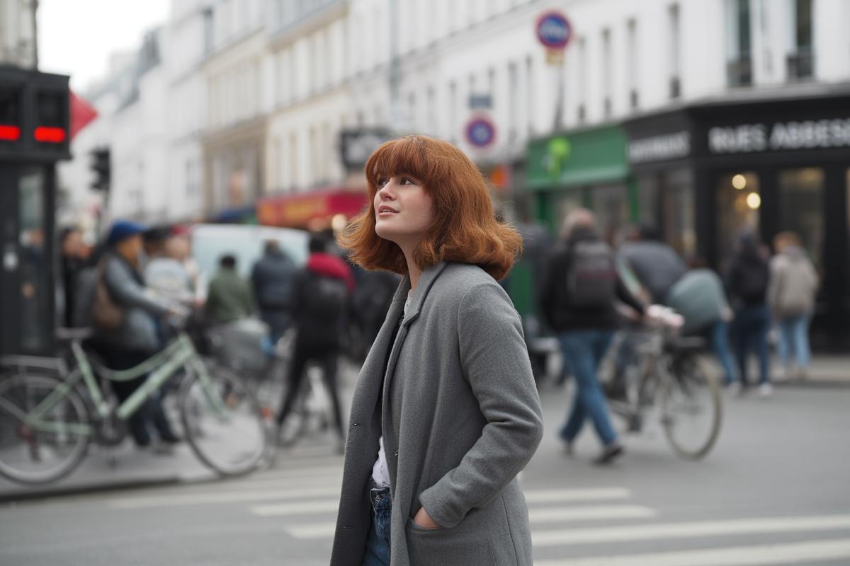 Une femme aux cheveux roux, vêtue d'un manteau gris, regarde le ciel dans une rue animée, entourée de passants et de vélos.