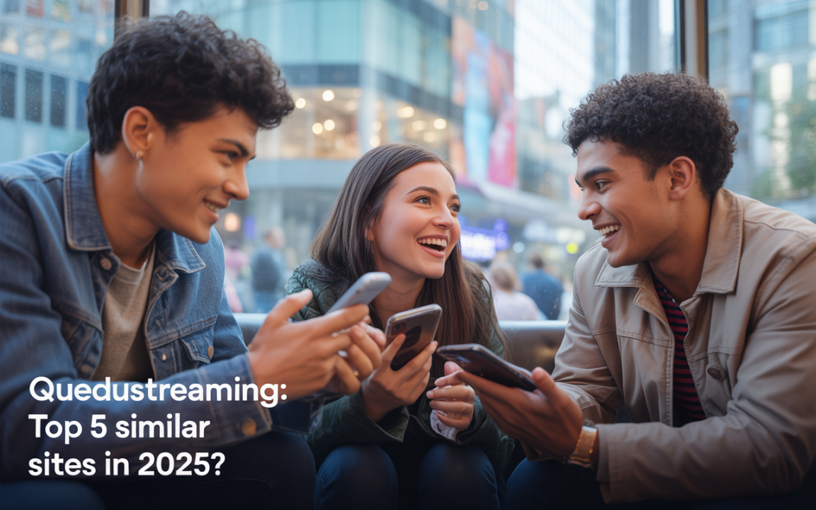 Trois jeunes rient ensemble, chacun tenant un smartphone, avec un décor urbain en arrière-plan. Texte en bas : "Queudstreaming: Top 5 similaires en 2025?".