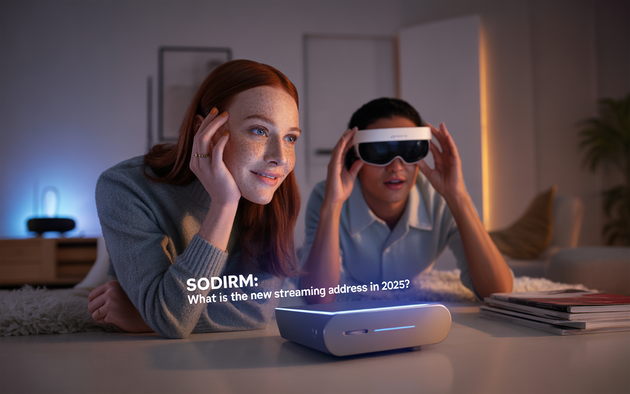 Deux personnes regardent un projecteur dans une pièce sombre. L'une porte des lunettes de réalité augmentée. Texte affiché : "SODIRM: Quelle est la nouvelle adresse de streaming en 2025 ?"