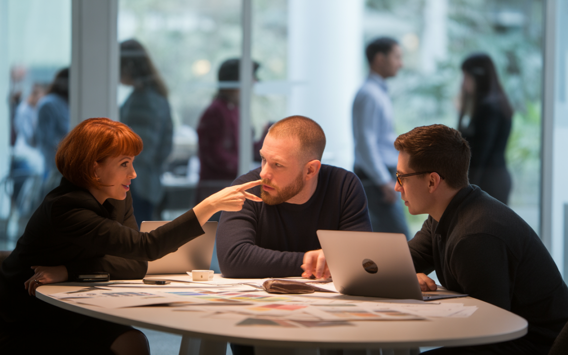Trois personnes discutent autour d'une table sur des documents, avec un ordinateur portable, dans un environnement professionnel lumineux.