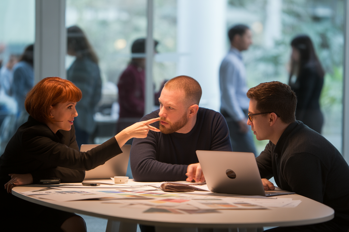 Trois personnes discutent autour d'une table sur des documents, avec un ordinateur portable, dans un environnement professionnel lumineux.