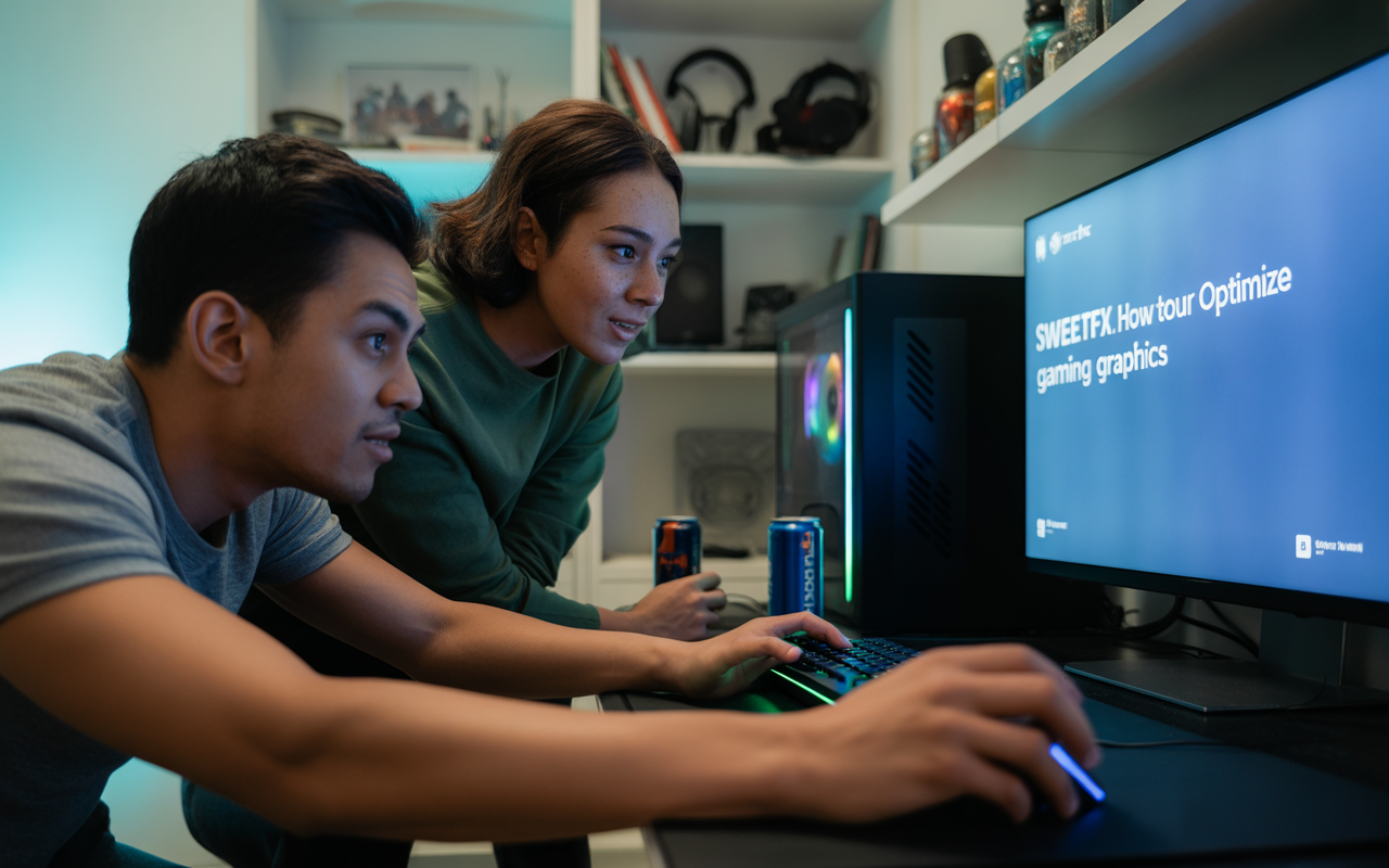 Deux personnes regardent un écran d'ordinateur, découvrant comment optimiser les graphismes des jeux, avec des canettes de boisson à côté.