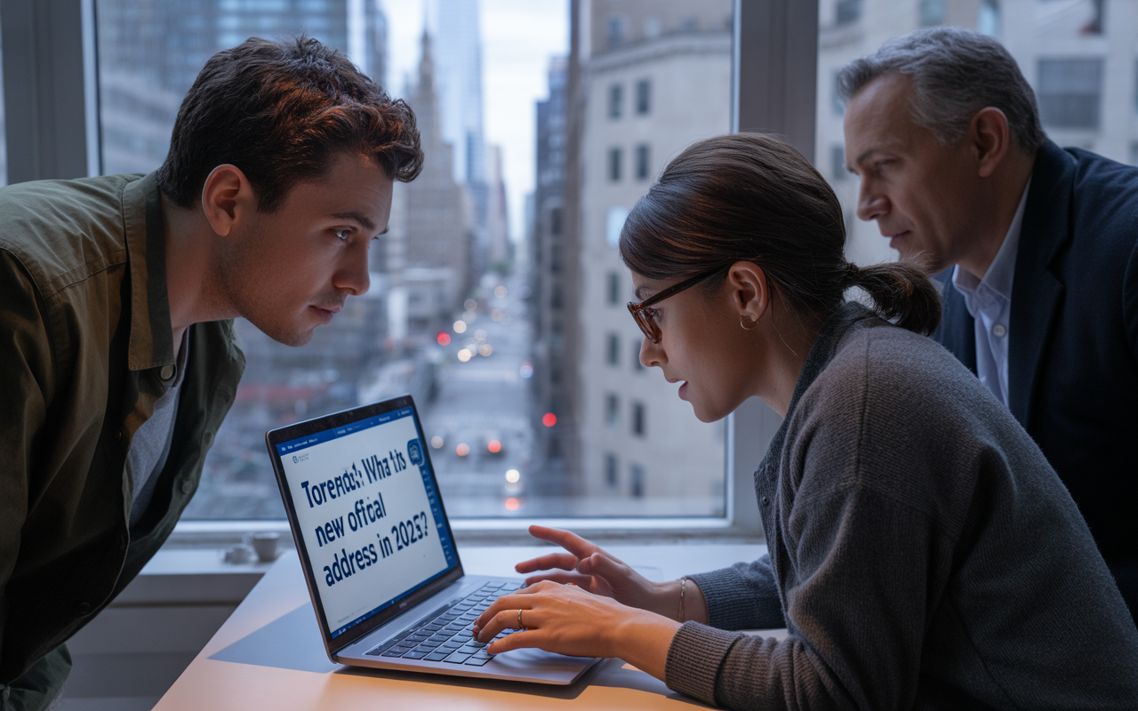 Trois personnes concentrées sur un ordinateur portable, avec un aperçu urbain en arrière-plan. L'écran affiche une recherche sur Torrent.