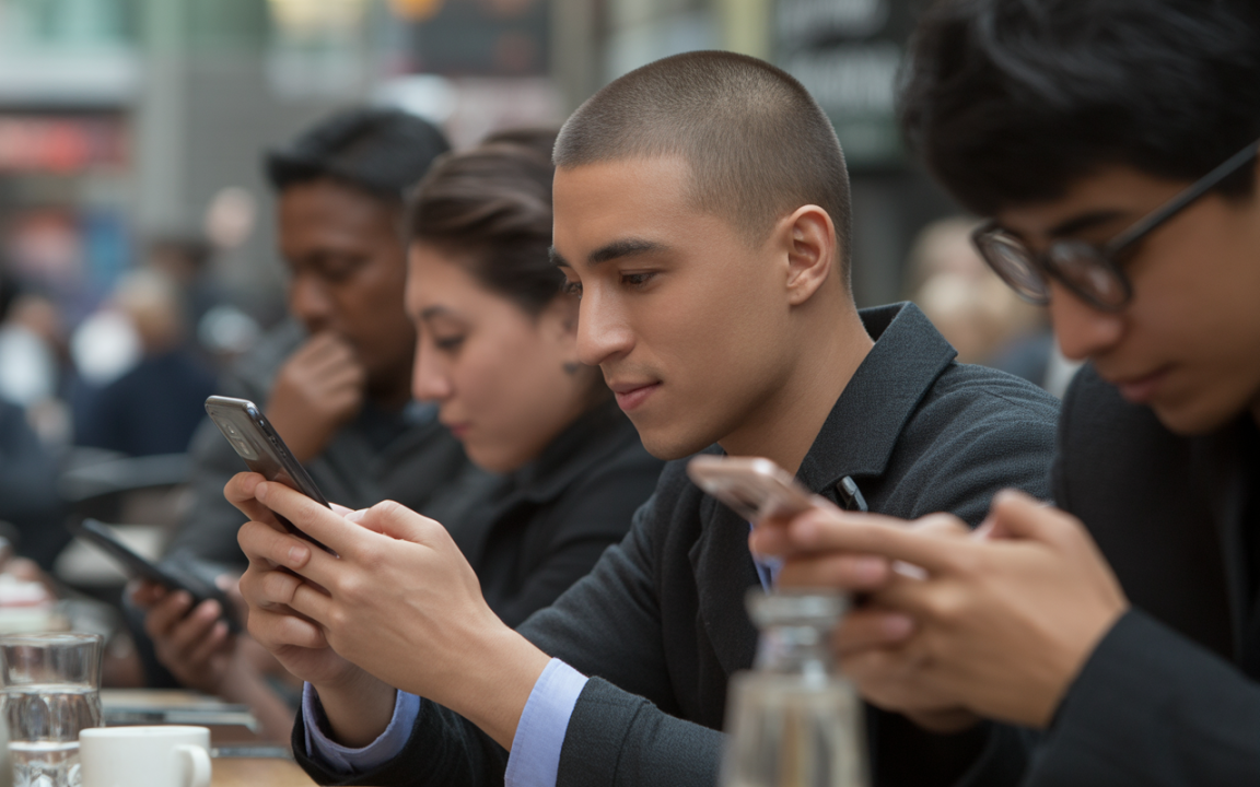 Un groupe de jeunes, assis à une table, regarde son téléphone dans un environnement urbain animé.