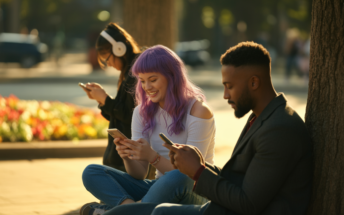Trois jeunes adultes assis sur le sol, utilisant leurs téléphones dans un parc, entourés de fleurs. Lumière douce du matin.