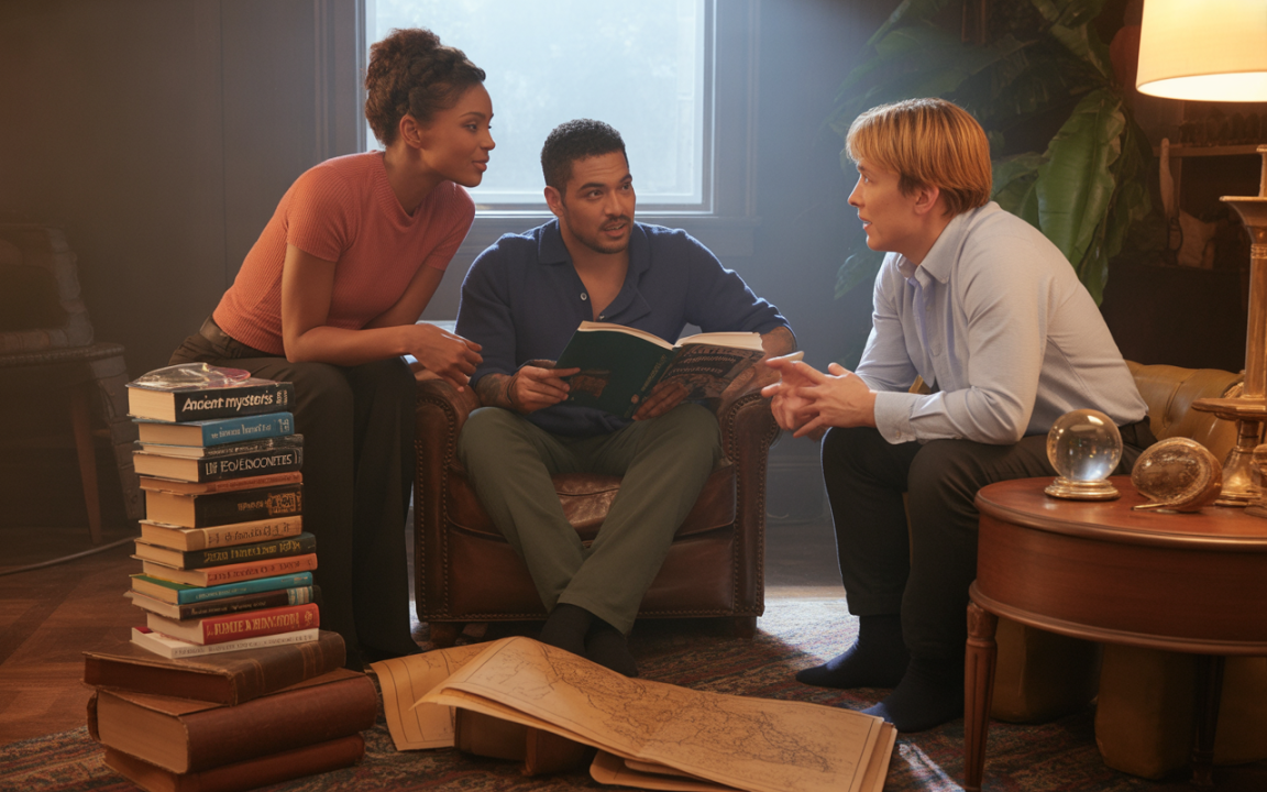 Trois personnes discutent dans un salon, entourées de livres, un homme lit un ouvrage pendant que les deux autres l'écoutent attentivement.