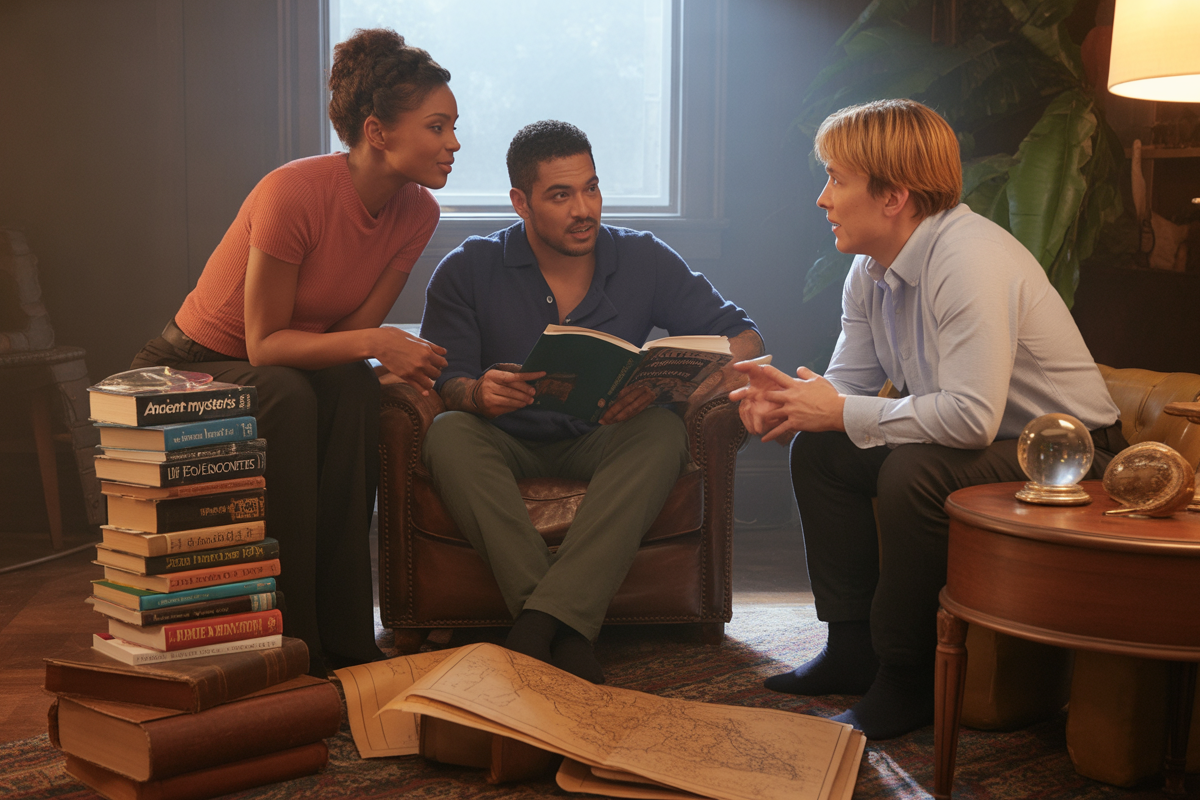 Trois personnes discutent dans un salon, entourées de livres, un homme lit un ouvrage pendant que les deux autres l'écoutent attentivement.