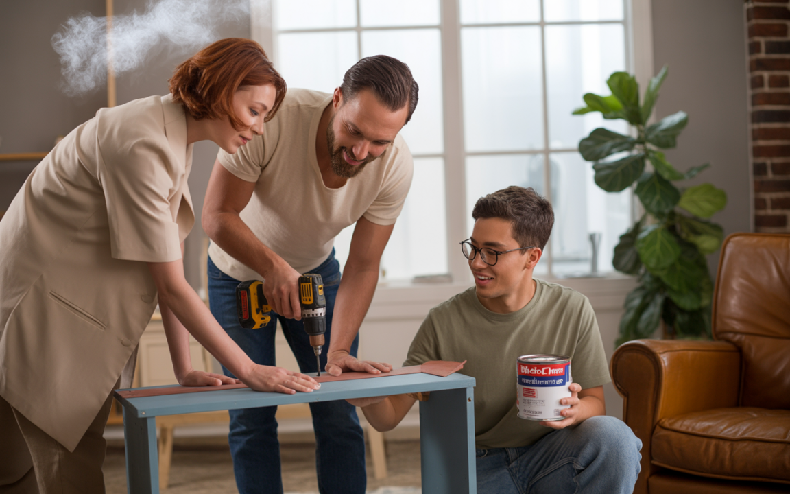 Trois personnes collaborent à un projet de bricolage, utilisant une perceuse et des fournitures dans un intérieur lumineux et moderne.
