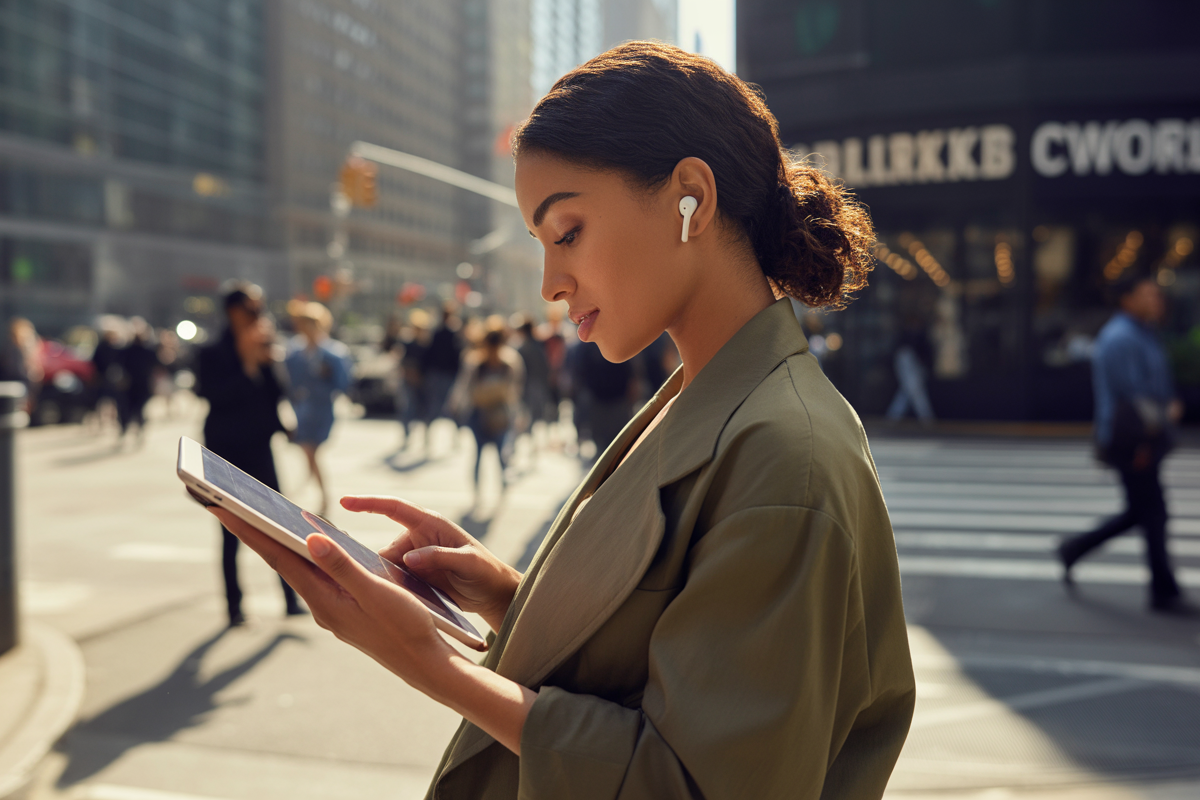 Femme avec des écouteurs, regardant une tablette dans une rue animée, entourée de passants, sous un éclairage naturel.