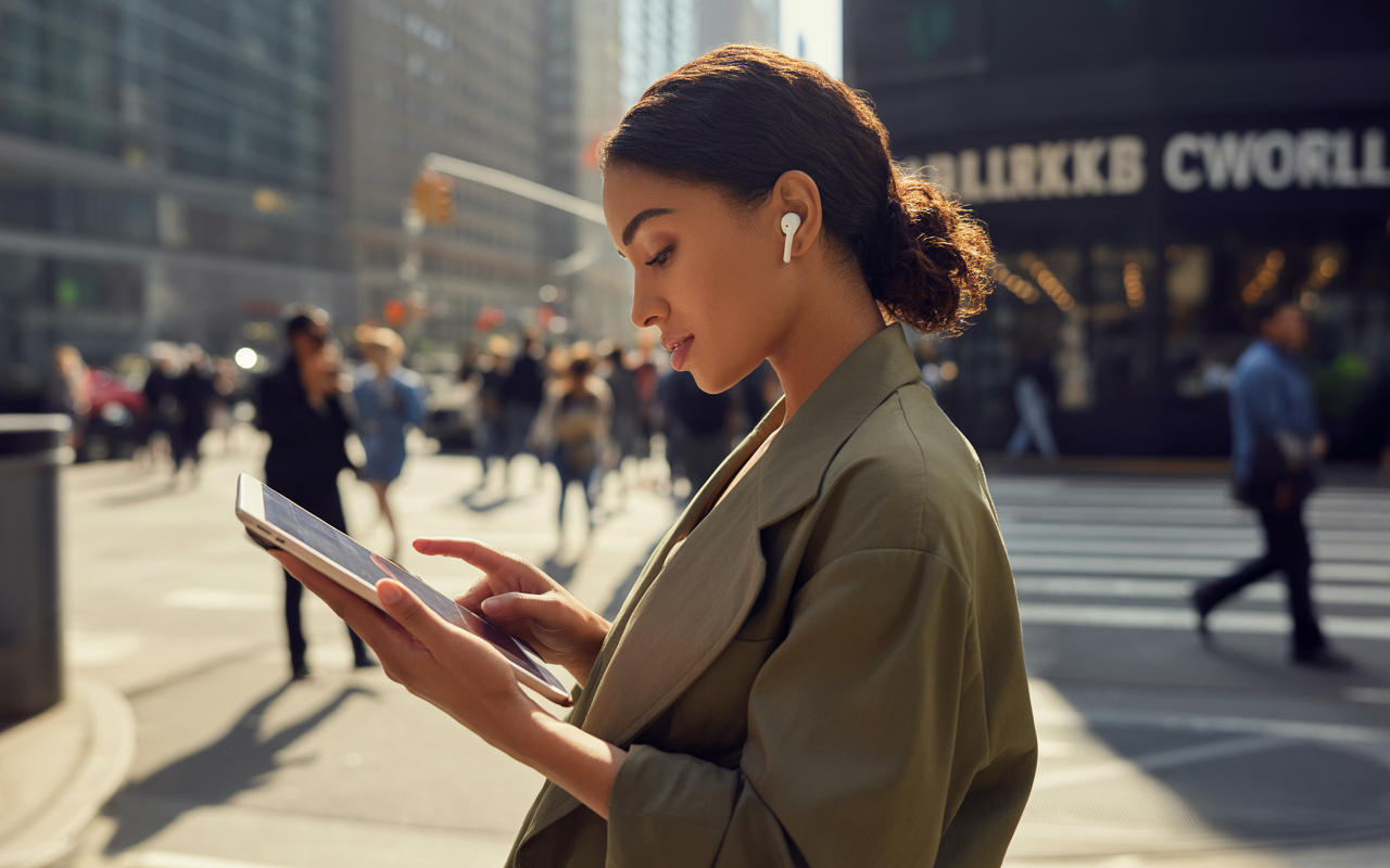 Femme avec des écouteurs, regardant une tablette dans une rue animée, entourée de passants, sous un éclairage naturel.