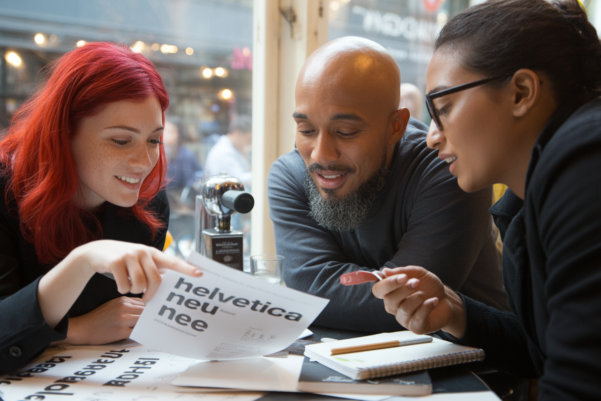 Trois personnes discutent autour d'une table, examinant un document avec le texte "Helvetica Neue" dans un café.