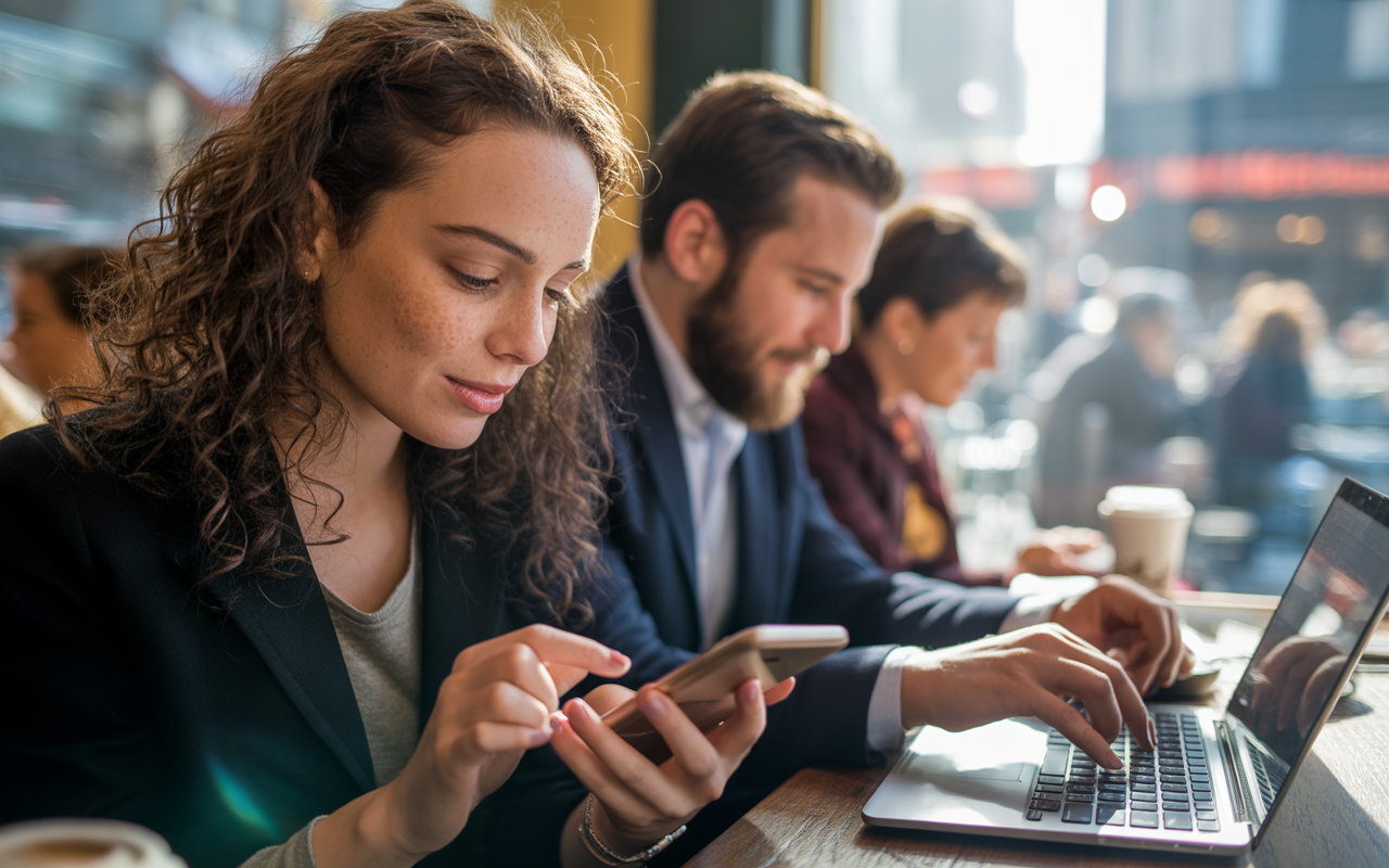 Un café animé avec une femme utilisant son téléphone, un homme travaillant sur un ordinateur portable et une femme à côté.